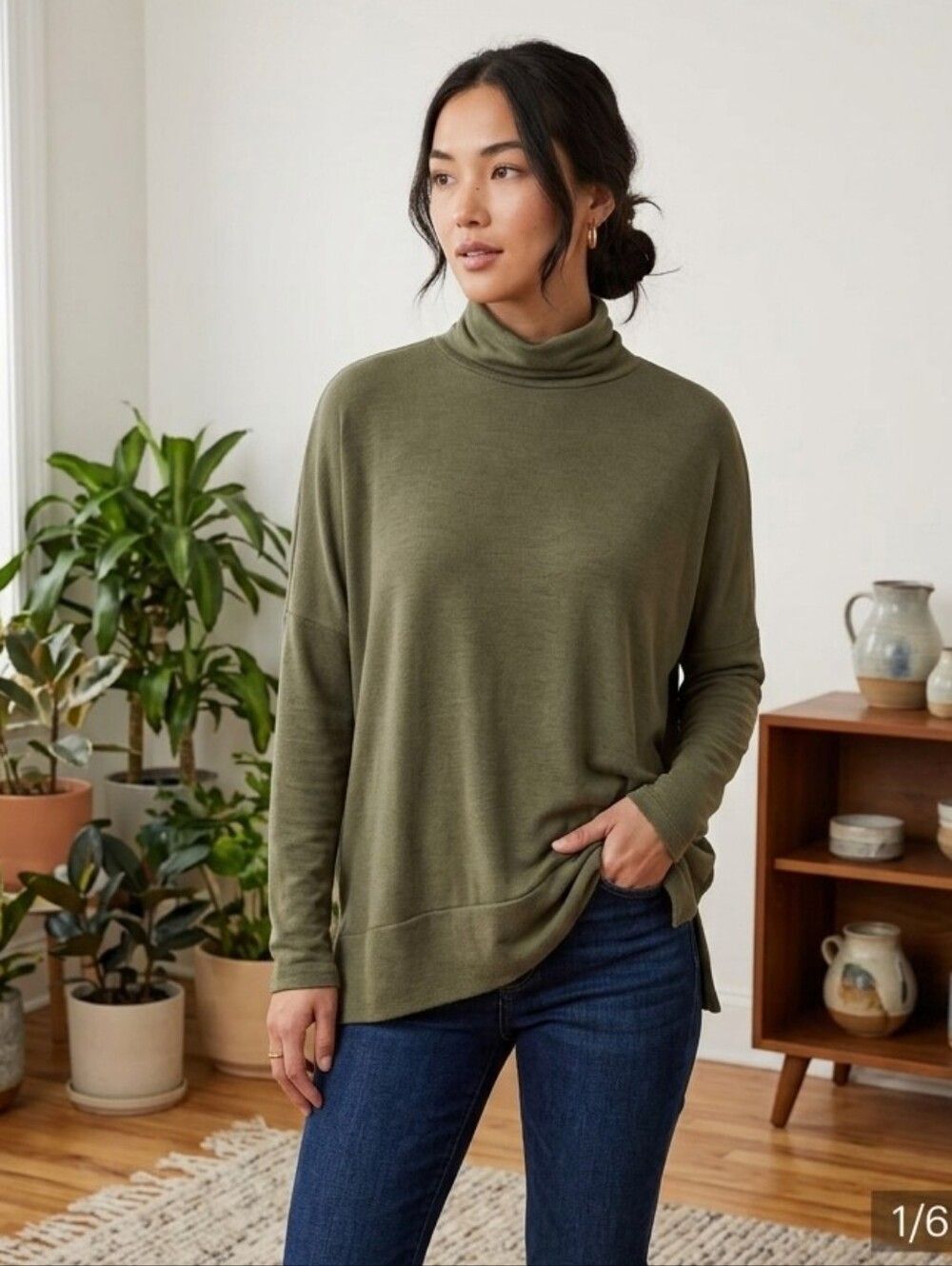 Ransom Women's Small (Oversized) Drop Shoulder Olive Green Turtleneck Top - New